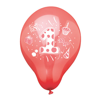 Ein bunter PAPSTAR 6 Zahlenluftballons Ø 25 cm von PAPSTAR GmbH mit großem weißem Eins, Polka Dots und Party-Motiven wie Geschenk, Cupcake, Süßigkeit, Ballon und Partyhut.