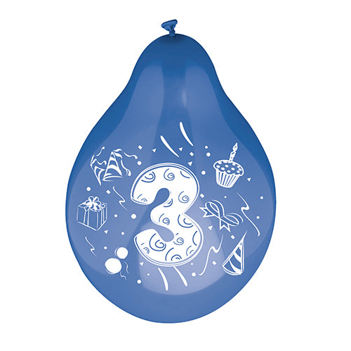 Ein PAPSTAR 6 Zahlenluftballons Ø 25 cm der PAPSTAR GmbH, bestehend aus einem blauen Ballon mit einer großen weißen Zahl 3 sowie farbig sortierten Abbildungen eines Geschenks, einer Partymütze, eines Cupcakes und Konfetti.