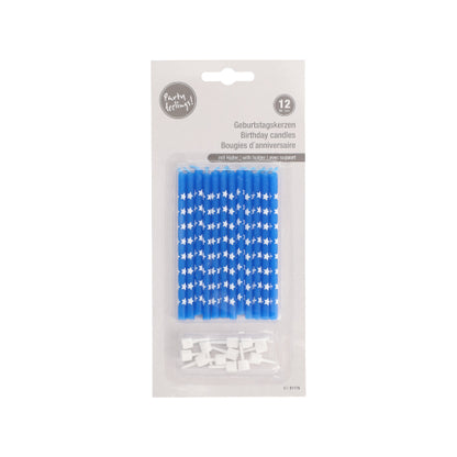 Eine Blisterpackung mit 12 PAPSTAR GmbH Geburtstagskerzen, 10 cm, bunt sortiert mit Halterungen. Ideal für jede Geburtstagsfeier, praktisch verpackt.