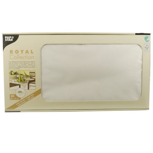 Béžová krabice od PAPSTAR GmbH s nápisem „ROYAL Collection“ obsahuje 20 bílých papírových středových ubrusů (80 x 80 cm), které jsou částečně viditelné přes přední okno na obalu.