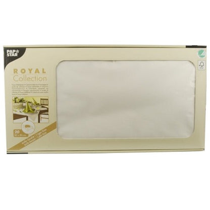 Béžová krabice od PAPSTAR GmbH s nápisem „ROYAL Collection“ obsahuje 20 bílých papírových středových ubrusů (80 x 80 cm), které jsou částečně viditelné přes přední okno na obalu.