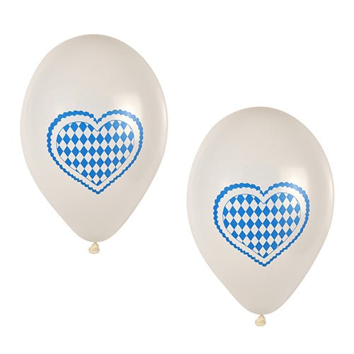 Dva PAPSTAR balónky "Bayrisch Blau" (Ø 25 cm) od PAPSTAR GmbH s klasickým modro-bílým diamantovým srdcem jsou zobrazeny vedle sebe - ideální dekorace na Oktoberfest z 20dílného party balení.