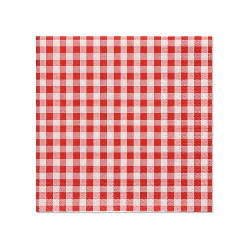 PAPSTAR 20 ubrousků od společnosti PAPSTAR GmbH: 3vrstvé, čtvercové ubrousky o rozměrech 25 x 25 cm s červeno-bílým vzorem kostkovaného vzoru, fotografované na jednoduchém bílém pozadí.