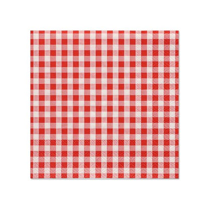 PAPSTAR 20 ubrousků od společnosti PAPSTAR GmbH: 3vrstvé, čtvercové ubrousky o rozměrech 25 x 25 cm s červeno-bílým vzorem kostkovaného vzoru, fotografované na jednoduchém bílém pozadí.