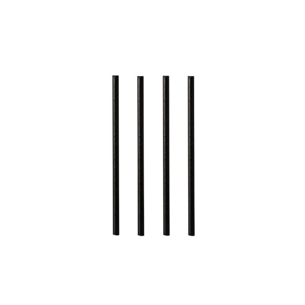 Černá koktejlová papírová brčka od PAPSTAR GmbH s průměrem 7 mm a délkou 15 cm jsou rovnoměrně rozmístěna na jednoduchém bílém pozadí a připomínají FSC® certifikované materiály.