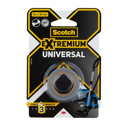 Balení lepicí pásky Scotch® Extremium™ Universal, 3 m x 19 mm, stříbrná, od 3M Deutschland GmbH s motivem vysavače na přední straně a úrovní síly 3/6 na obalu.