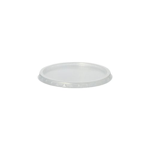 Víčko Starpak 100 pro obalové kelímky je průhledné, ploché PP víčko (Ø 10,1 cm · 0,8 cm) se zvýšeným okrajem pro kulaté nádoby, zobrazené v šikmém bočním pohledu na bílém pozadí. Balení obsahuje 100 kusů.
