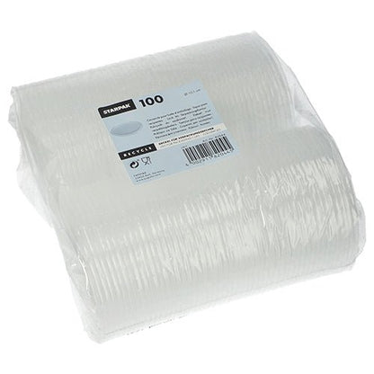 Průhledné, fólií obalené balení se 100 víčky Starpak pro obalové kelímky (kulaté, Ø10,1 cm, 0,8 cm) z PP. Na etiketě jsou zobrazeny detaily produktu, čárový kód a recyklační symboly.