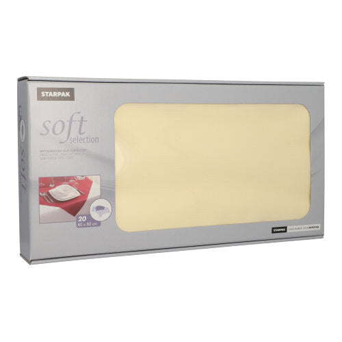 Eine rechteckige Schachtel Starpak 20 Mitteldecken, stoffähnlich, Vlies „soft selection“ (80x80 cm), in Creme, ist vor weißem Hintergrund abgebildet. Die überwiegend graue Verpackung hebt Produktdetails hervor und ist ideal für den Gastronomieeinsatz.