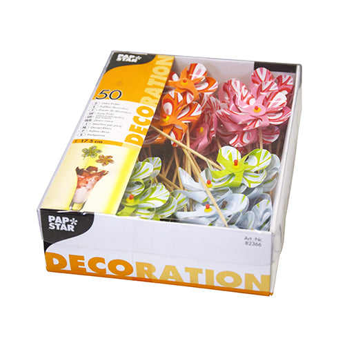 Eine Schachtel mit 50 PAPSTAR Deko-Pickern "Windmühle" (17,5 cm, farblich sortiert) in einem Papiertray, ideal als Partyzubehör für Getränke. Die Verpackung ist mit dem Schriftzug "DECORATION" der PAPSTAR GmbH und einer Abbildung von dekorierten Getränken versehen.