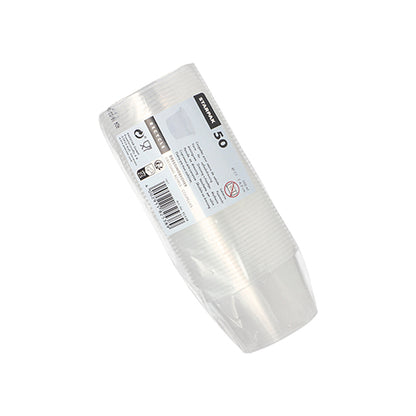 Balíček s 50 Starpak dressing pohárky (PP, kulatý, Ø 7,1 cm, průhledný) je naskládaný a zabalený v průhledném plastu, s bílým štítkem s detaily o produktu a čárovým kódem – perfektní pro cateringové služby nebo použití jako dressing pohárek.
