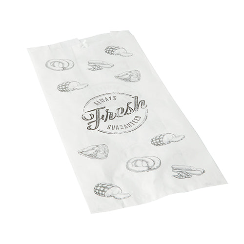 Der PAPSTAR 1000 Fleischerbeutel der PAPSTAR GmbH ist ein weißer Kraftpapierbeutel mit „Immer Frisch Garantiert“- und schwarzen Brötchen-, Brezel- und Croissant-Motiven – perfekt für Metzgereien oder als Fleischerbeutel.