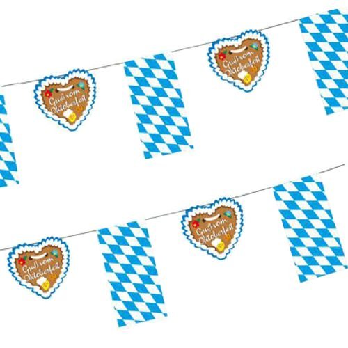 Ozdobte svou bavorskou párty s papírovou vlajkovou řetězem PAPSTAR GmbH (4 m) s modro-bílou šachovnicovou vlajkou a srdcovými akcenty s "Pozdravem z Oktoberfestu" - perfektní balíček (1 kus) pro dekoraci Oktoberfestu!.