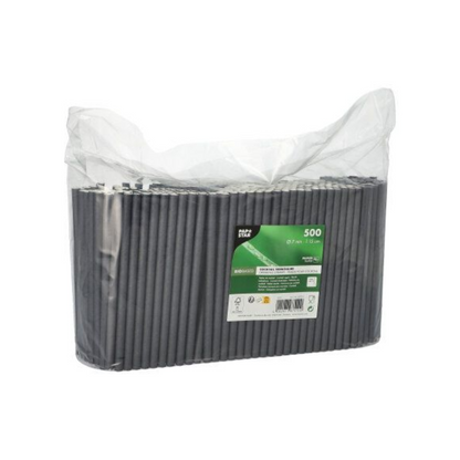 Průhledný plastový sáček s 500 černými koktejlovými brčky z papíru od PAPSTAR GmbH. Balení je opatřeno zeleno-bílým štítkem, na kterém jsou vidět značka a detaily produktu. Ekologickou alternativou jsou naše FSC certifikovaná papírová brčka.