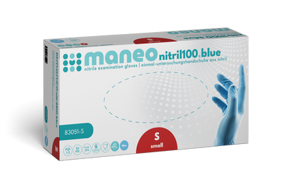 Eine rechteckige Schachtel der ARNOWA GmbH mit der Aufschrift "MANEO Nitril-Handschuhe, hygienisch und strapazierfähig" enthält kleine, blaue Einweghandschuhe. Die Verpackung zeigt eine behandschuhte Hand, Produktsymbole und einen zweisprachigen Text.