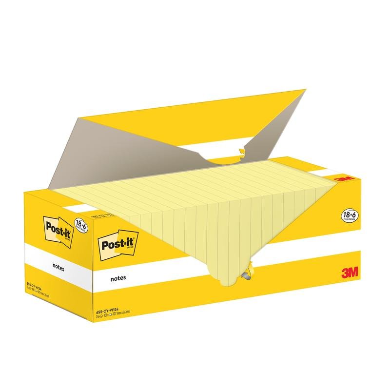 Otevřená žlutobílá krabička Post-it® Notes (Žlutá, 76x127 mm, 100 listů/blok, 18 bloků + 6 zdarma, kartonové balení) od 3M Deutschland GmbH ukazuje několik linkovaných bloků. Na krabičce jsou zobrazeny loga Post-it® a 3M.