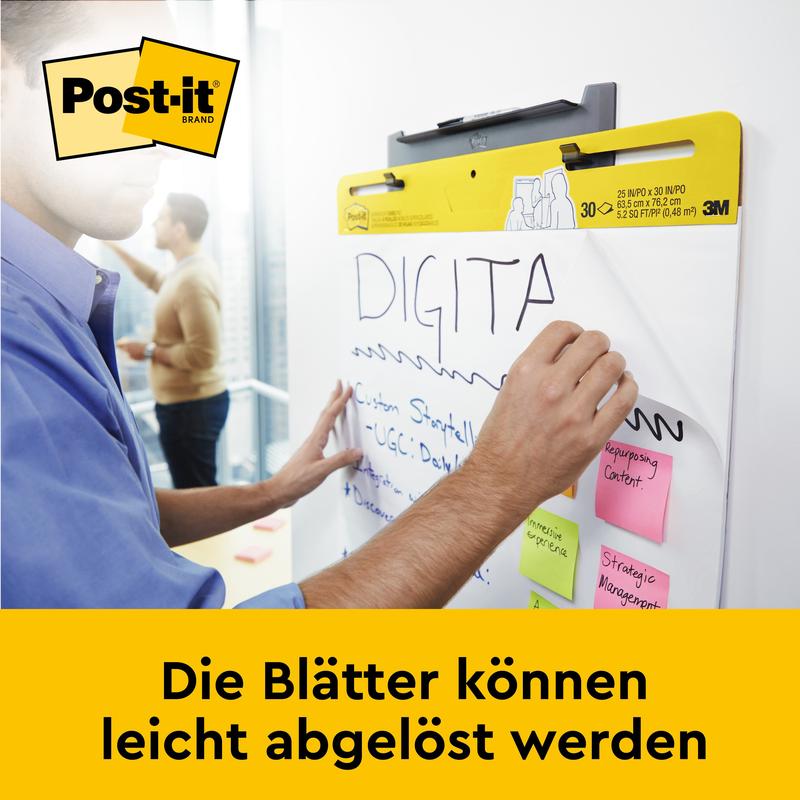 Uživatel píše na Post-it® Super Sticky samolepicí schůzkový graf/flipchart od 3M Deutschland GmbH (58,4 x 50,8 cm), na kterém je několik poznámkových lístků. Pod tím je napsáno: "Listy lze snadno odlepit."