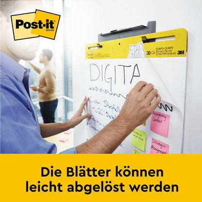 Uživatel píše na Post-it® Super Sticky samolepicí schůzkový graf/flipchart od 3M Deutschland GmbH (58,4 x 50,8 cm), na kterém je několik poznámkových lístků. Pod tím je napsáno: "Listy lze snadno odlepit."