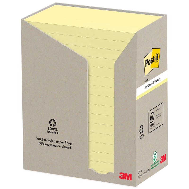 Krabice s 3M Post-it® Recycling Notes (76 mm x 127 mm, 100 listů, 100% PEFC) od 3M Deutschland GmbH je částečně otevřená, aby ukázala naskládané poznámky uvnitř, a na obalu jsou recyklační symboly a značení.