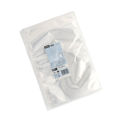 Sáček Starpak 100, PA/PE průhledný (40 x 30 cm) v průhledném plastovém obalu, uzavřený modro-bílým Starpak štítkem s označením, množstvím a čárovým kódem.