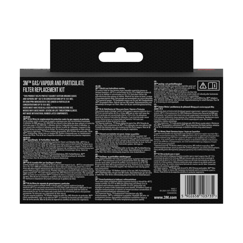 Zadní pohled na krabici společnosti 3M Deutschland GmbH s informacemi o částicovém filtru 3M™ 5935, P3 (2 páry/balení) + držák filtru 501 (1 pár/balení), s informacemi o produktu, návodem k použití a čárovým kódem v bílé na černém pozadí.