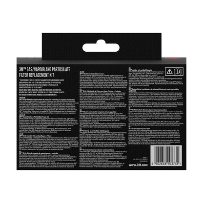 Zadní pohled na krabici společnosti 3M Deutschland GmbH s informacemi o částicovém filtru 3M™ 5935, P3 (2 páry/balení) + držák filtru 501 (1 pár/balení), s informacemi o produktu, návodem k použití a čárovým kódem v bílé na černém pozadí.