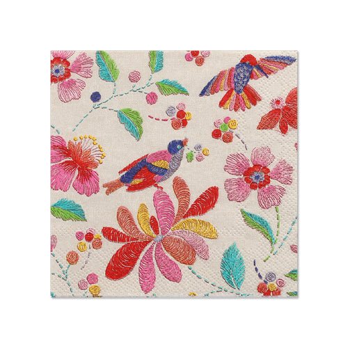 PAPSTAR 20 ubrousků, 25x25 cm, 3-vrstvé od PAPSTAR GmbH: Barevné ubrousky s vyšívaným vzorem ptáka a květin v červené, růžové, zelené, žluté a modré na světlém podkladu – ideální jako stylová stolní dekorace.