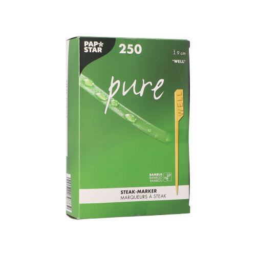 Zelená krabice od PAPSTAR GmbH s nápisem "PAPSTAR 250 steakových značek 9 cm" obsahuje 250 steakových značek z bambusu. Balení zobrazuje značku s nápisem "WELL" a obsahuje anglický a francouzský text – ideální pro kuchyně v restauracích.