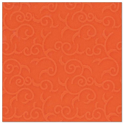 Čtvercový, nektarinkově oranžový ubrousek s jemným, embosovaným vířivým vzorem, inspirovaný stylem ubrousků ROYAL Collection od PAPSTAR GmbH. Produkt: PAPSTAR 50 ubrousků "ROYAL Collection" 1/4-skládané 40 x 40 cm nektarinka.