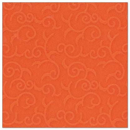 Čtvercový, nektarinkově oranžový ubrousek s jemným, embosovaným vířivým vzorem, inspirovaný stylem ubrousků ROYAL Collection od PAPSTAR GmbH. Produkt: PAPSTAR 50 ubrousků "ROYAL Collection" 1/4-skládané 40 x 40 cm nektarinka.
