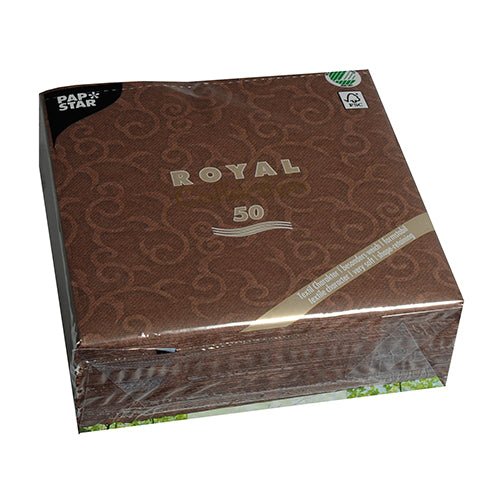 Zapečetěné balení s 50 hnědými PAPSTAR "ROYAL Collection" 1/4-sklad ubrousky ve formátu 40 x 40 cm s vířivým vzorem; na přední straně je napsáno "ROYAL" a v levém horním rohu je zobrazeno logo PAPSTAR GmbH.