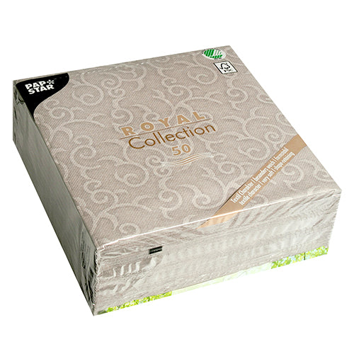 Eine versiegelte Packung mit 50 grauen PAPSTAR "ROYAL Collection" Servietten (40x40 cm, 1/4-Faltung) der PAPSTAR GmbH - ideal für den elegant gedeckten Tisch.
