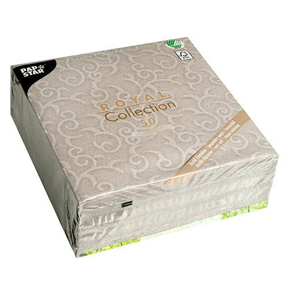 Uzavřené balení s 50 šedými PAPSTAR "ROYAL Collection" ubrousky (40x40 cm, 1/4-skládání) od PAPSTAR GmbH - ideální pro elegantně prostřený stůl.