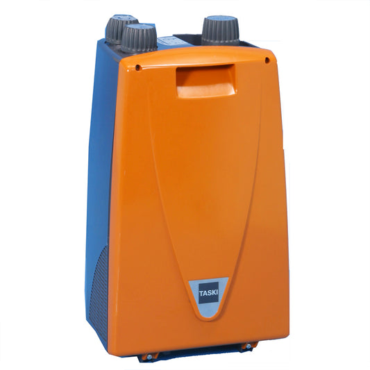 Ein aufrechtes, rechteckiges Schaumerzeuger 230 V Gerät (von Diversey Deutschland GmbH & Co. OHG) für TASKI ergodisc 165/duo; orange und blau mit zwei grauen Kontrollknöpfen oben, einem vorderen Griff und einem kleinen "Taski" Etikett in der Nähe des Bodens.