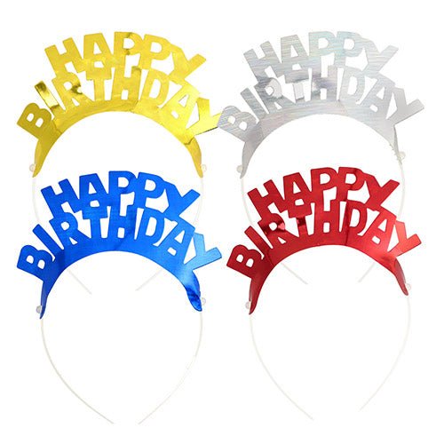 Sada čtyř plastových čelenek "Metallic" od PAPSTAR GmbH s nápisem "HAPPY BIRTHDAY" ve žluté, stříbrné, modré a červené barvě – ideální pro večírky. Dvojitě uspořádané. Název produktu: PAPSTAR 4 čelenky barevně tříděné "Metallic".