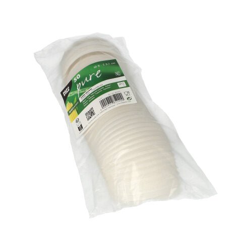 Balení 50 bílých kulatých C-PLA víček (2,1 cm vysoké) od PAPSTAR GmbH zabalené v průhledné plastové fólii s nápisem „PAPSTAR“ má zeleno-bílé značkování s recyklačními symboly pro ekologická řešení při servírování nápojů.