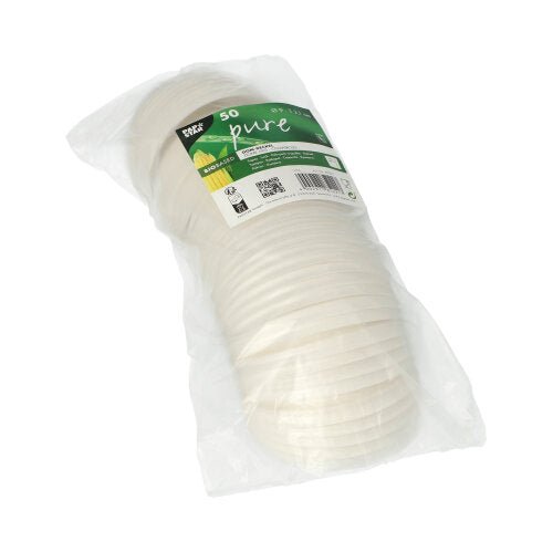Stoh 50 bílých PAPSTAR C-PLA kulatých víček (2,1 cm vysoké) od PAPSTAR GmbH, přehledně zabalené s recyklačními a kompostovacími symboly, nabízí ekologické, biologicky odbouratelné řešení.