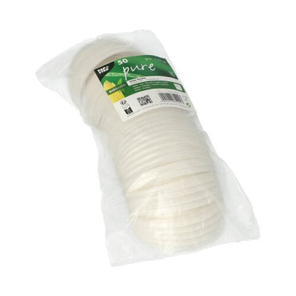 Stoh 50 bílých PAPSTAR C-PLA kulatých víček (2,1 cm vysoké) od PAPSTAR GmbH, přehledně zabalené s recyklačními a kompostovacími symboly, nabízí ekologické, biologicky odbouratelné řešení.