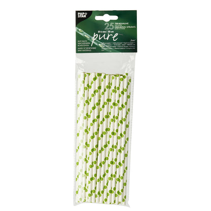 Eine Kunststoffpackung enthält 25 PAPSTAR Papiertrinkhalme (Ø 6 mm, 20 cm) in schwarz-weiß gestreifter Ausführung. Das obere Etikett trägt die Marke der PAPSTAR GmbH und weist auf die umweltfreundliche Herstellung aus nachwachsenden Rohstoffen hin.