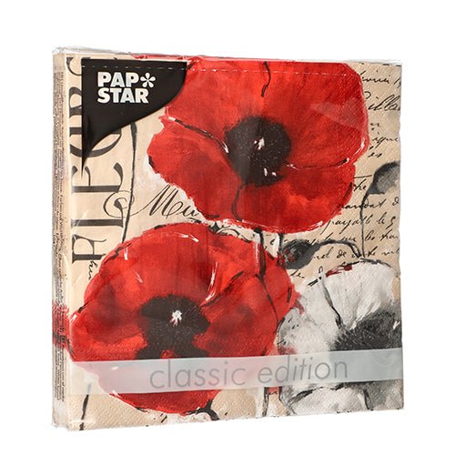 PAPSTAR GmbH nabízí balení 20 3-vrstvých ubrousků (33x33cm, 1/4-skládané) ve květinovém designu sady 5.