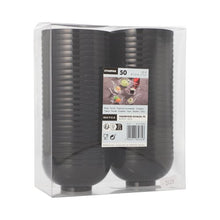 Průhledné balení obsahuje 50 černých PAPSTAR PS Fingerfood-misek PAPSTAR GmbH, dvouřadě naskládané s předním štítkem a recyklačními symboly – ideální pro večírky a události.