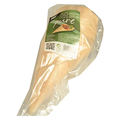 V průhledném balení se nachází 50 velkých „pure“ dřevěných kornoutů na fingerfood od PAPSTAR GmbH, se zeleno-bílou přední etiketou s podrobnostmi o produktu a čárovým kódem.