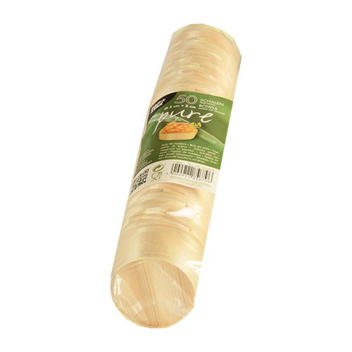 Balíček 50 PAPSTAR mís na fingerfood „pure“ kulaté ze dřeva od PAPSTAR GmbH, ekologický a elegantní, se zelenou etiketou včetně produktových informací a motivu jídla – ideální pro stylové servírování.