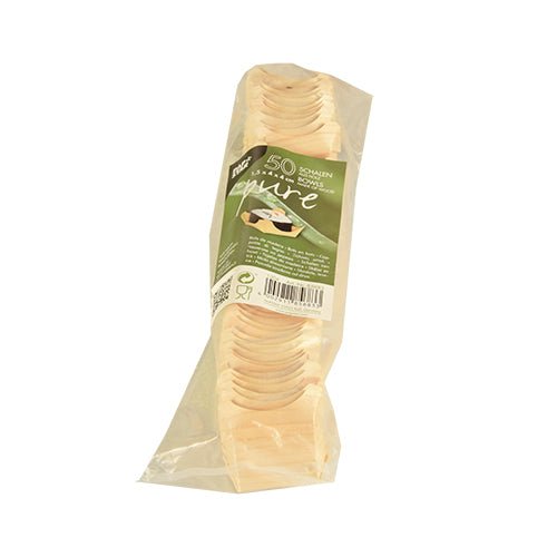Průhledný plastový obal obsahuje 50 kulatých "pure" dřevěných misek na fingerfood. Zelená etiketa obsahuje informace o produktu, čárový kód a podtrhuje ekologický design PAPSTAR GmbH.