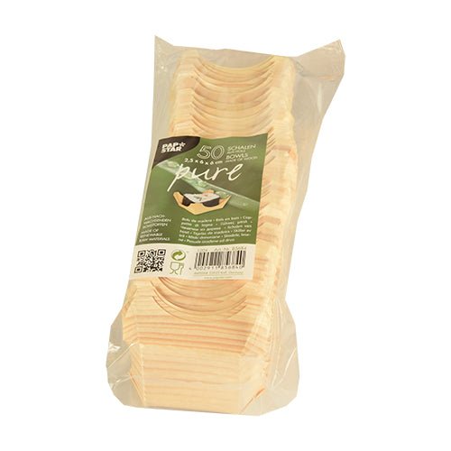 Průhledný plastový obal od PAPSTAR GmbH obsahuje 50 kulatých dřevěných misek na fingerfood značky „pure“, opatřených zeleno-bílou etiketou s detaily produktu a čárovým kódem. Misky jsou elegantní a ekologické.