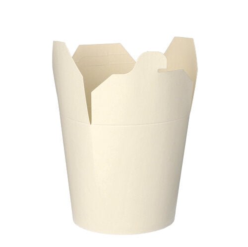 50 pastaboxů, bílý karton společnosti PAPSTAR GmbH jsou jednoduché bílé take-away nádoby z papíru s částečně otevřenými klapkami, ideální pro přepravu jídel v gastronomii, prezentované na bílém pozadí.