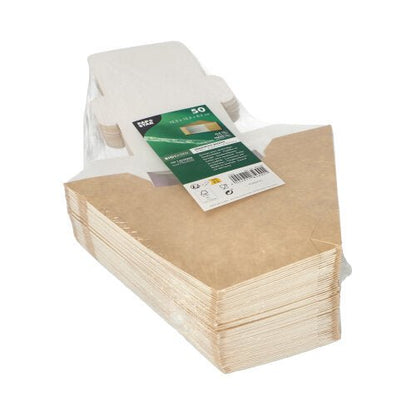 Balení s 50 PAPSTAR sandwichovými krabičkami s průhledným okénkem, hnědé, z PLA (12,3 cm) od PAPSTAR GmbH - ekologické hnědé krabičky v průhledném obalu se zeleno-bílou etiketou; perfektní pro udržitelnou skladování potravin.