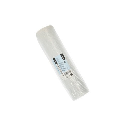 Před bílým pozadím je prezentována role Starpak 50 víček pro porcovací kelímky, PP kulaté Ø 4,6 cm průhledné (fólie, 50 kusů) s modro-bílou etiketou uprostřed.