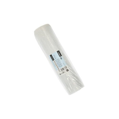 Před bílým pozadím je prezentována role Starpak 50 víček pro porcovací kelímky, PP kulaté Ø 4,6 cm průhledné (fólie, 50 kusů) s modro-bílou etiketou uprostřed.