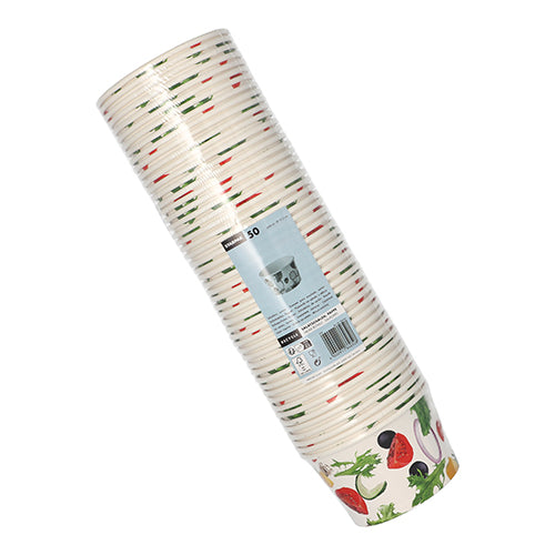 Starpak 50 salátových misek z kartonu „To Go“, 600 ml, Ø12,5 cm, V7,5 cm s designem zeleniny v průhledném fóliovém balení – ideální na cesty.